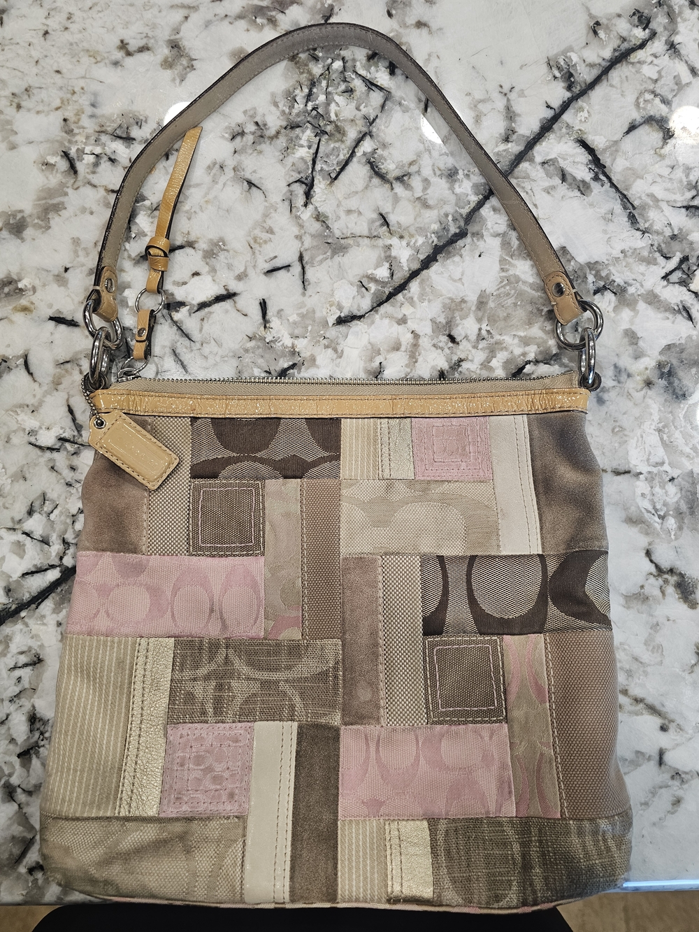 Coach Patchwork Signature Shoulder Bag in Pink & Taupe